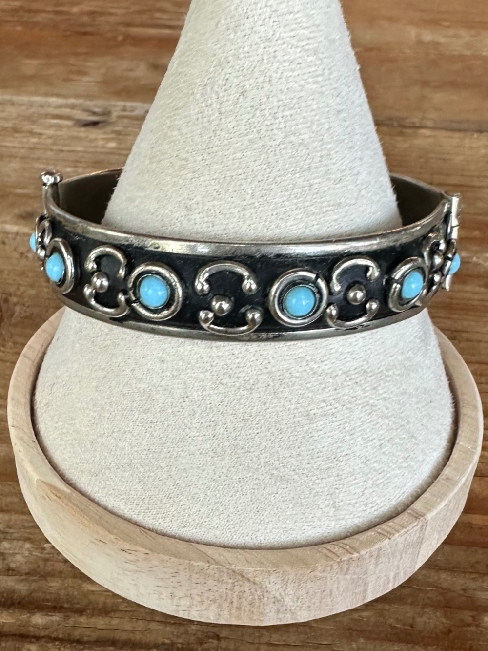 Vintage Alp Italy-Style Hinged Bangle Bracelet Turquoise Accents Boho